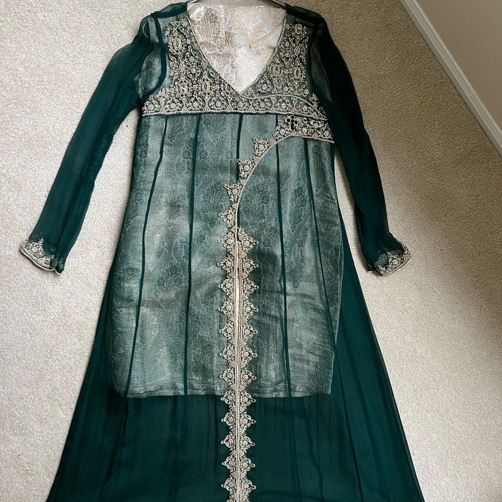Pakistani shalwar kameez gown dress green wedding formal womens size medium 6